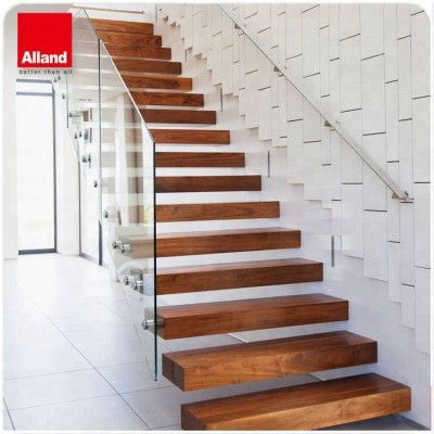 Contemporary Floating Staircase With Wood Tread Invisible Stringer Straight Stairs