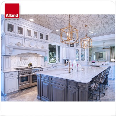 luxury kitchen with storm gray and white cabinets with two islands